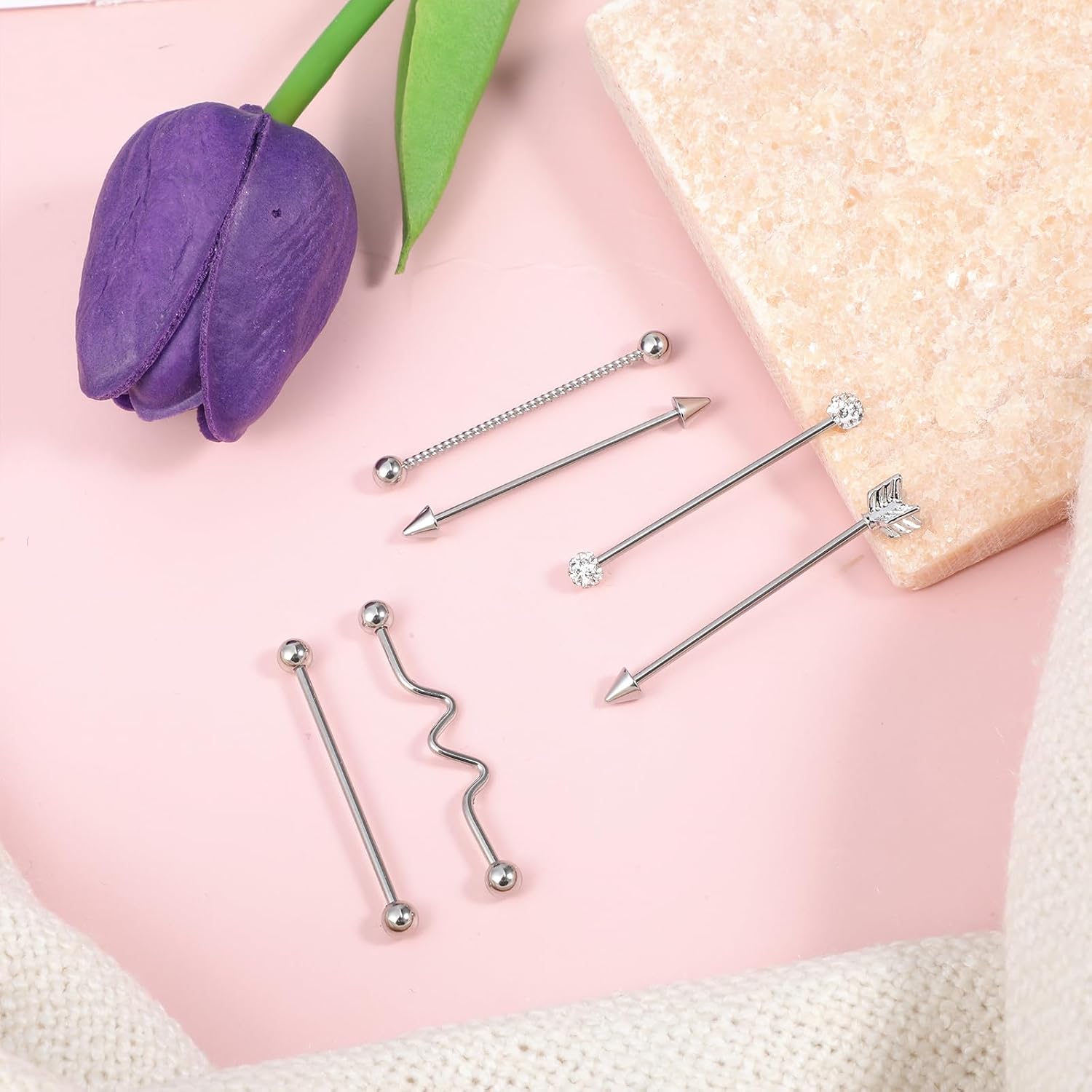 Tucnoeu 6pcs 14G Industrial Piercing Jewelry, Cartilage Helix Piercing Earring, Surgical Steel Industrial Barbell Earrings, Silver for Women Men