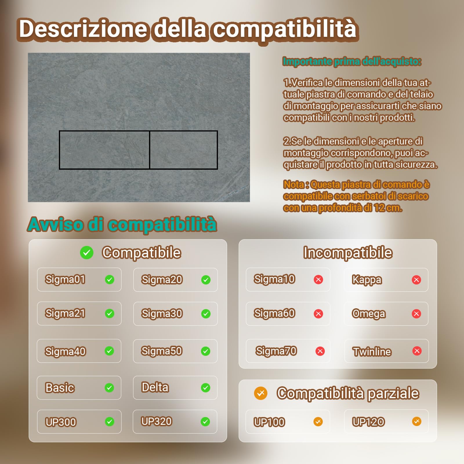 Placca di Comando WC Compatibile con Geberit Duofix Sigma, Delta e Basic, Ricambio con Set di Barre di Spinta e Telaio di Montaggio per UP300 & UP320, 245 x 164 mm(Grigio chiaro-Y8)