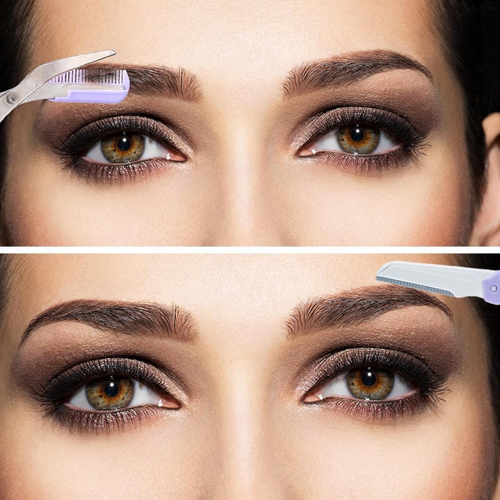 Eyebrow Triming Set 3Pcs Eye Brow Scissor Eyebrow Removal Tweezer Eyebrow Trimmer Razor Facial Hair Shaper Eyebrow Trimming Make Up Tool with PU Leather Case Shave and Hair Removal, Purple