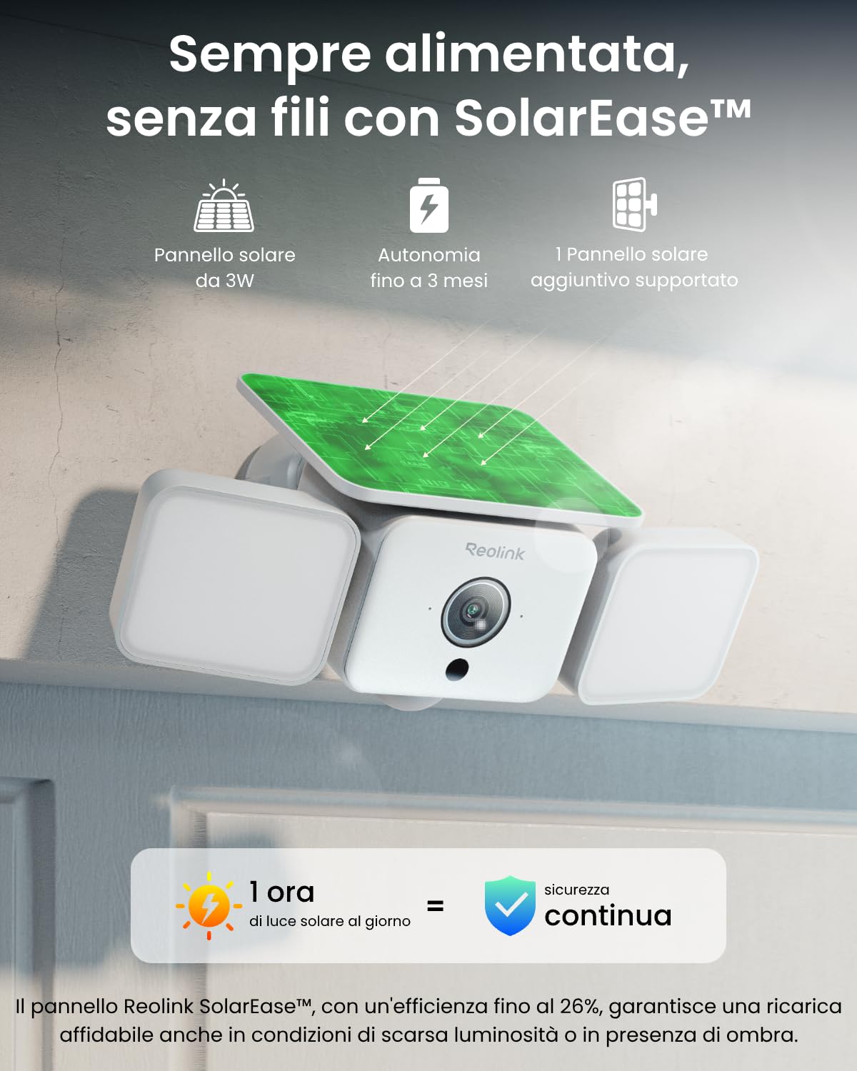 Reolink 2K Telecamere Wi-Fi Esterno, Senza Fili 150°, fino a 1000 Lumen di luce e allarme sirena, Rilevamento Uomo/Auto/Animale, Visione Notturna a Colori, 2,4/5 GHz WiFi, IP66, Solar Floodlight Cam