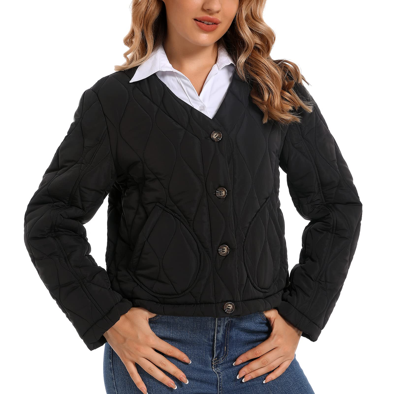 HujoinPuffer Jacket Womens Casual Long Sleeves V-neck Puffy Padded Short Button Winter Coats for Women Fashion