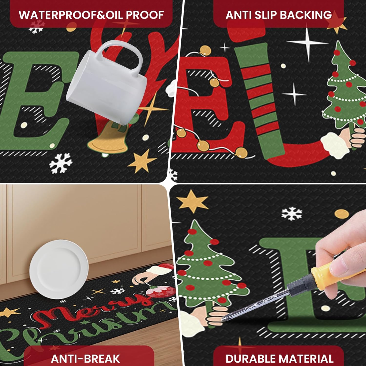 Dintszyayue Christmas Kitchen Rugs Set of 2 Non Slip Soft Santa Claus Snowman Christmas Mats for Kitchen Floor Decorations 17"x30"+17"x48"
