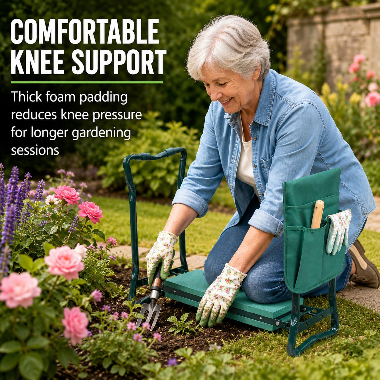 AufuN Repose-genoux 2 en 1 pour le jardinage - Avec coussin en mousse EVA rembourré - Pliable - Pour travailler autour de la maison et du jardin - Jusqu'à 150 kg - Avec 2 sacs de travail - 60 x 50 x