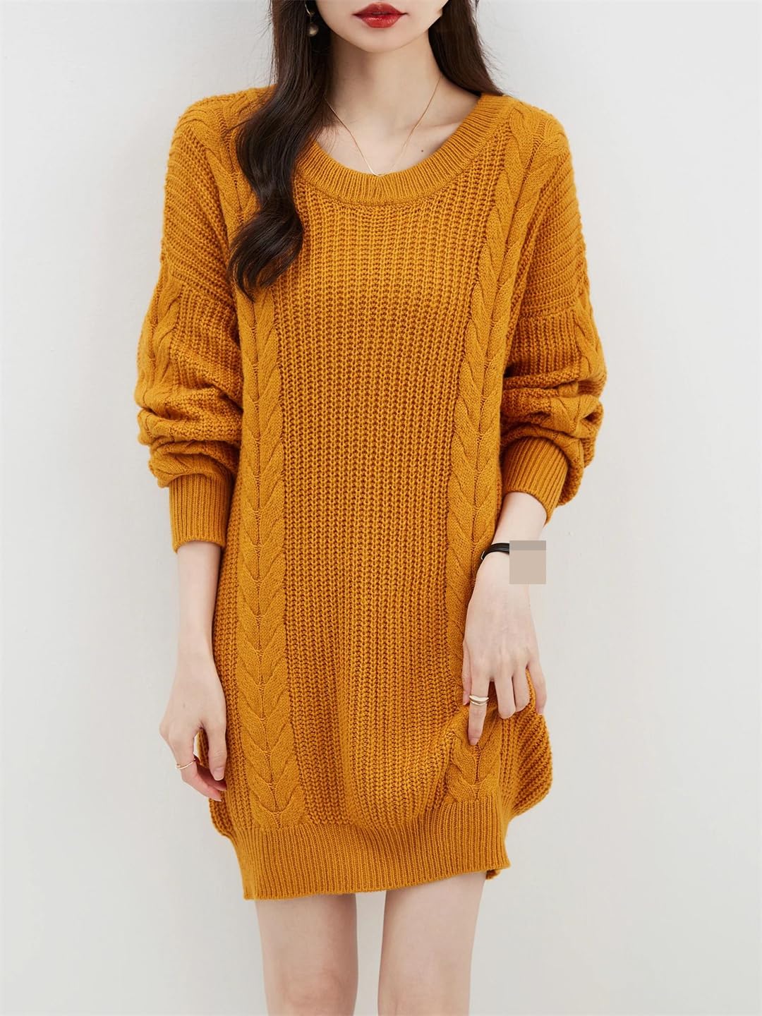 Disimlarl Damski sweter oversize, jesienno-zimowy, ciepły sweter z okrągłym dekoltem, długi rękaw, dzianinowy, długi sweter, wełniany sweter
