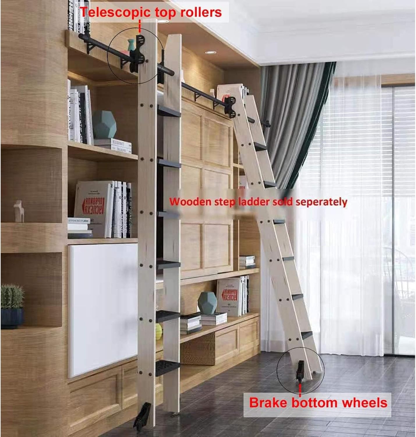 Sliding Library Ladder Black Track Kit, Stand Up Tensible Rolling Hardware, Satin Black Finish Rolling Ladder Hardware Kit W/Brake Bottom Wheels,13.2ft/400cm Track Kit