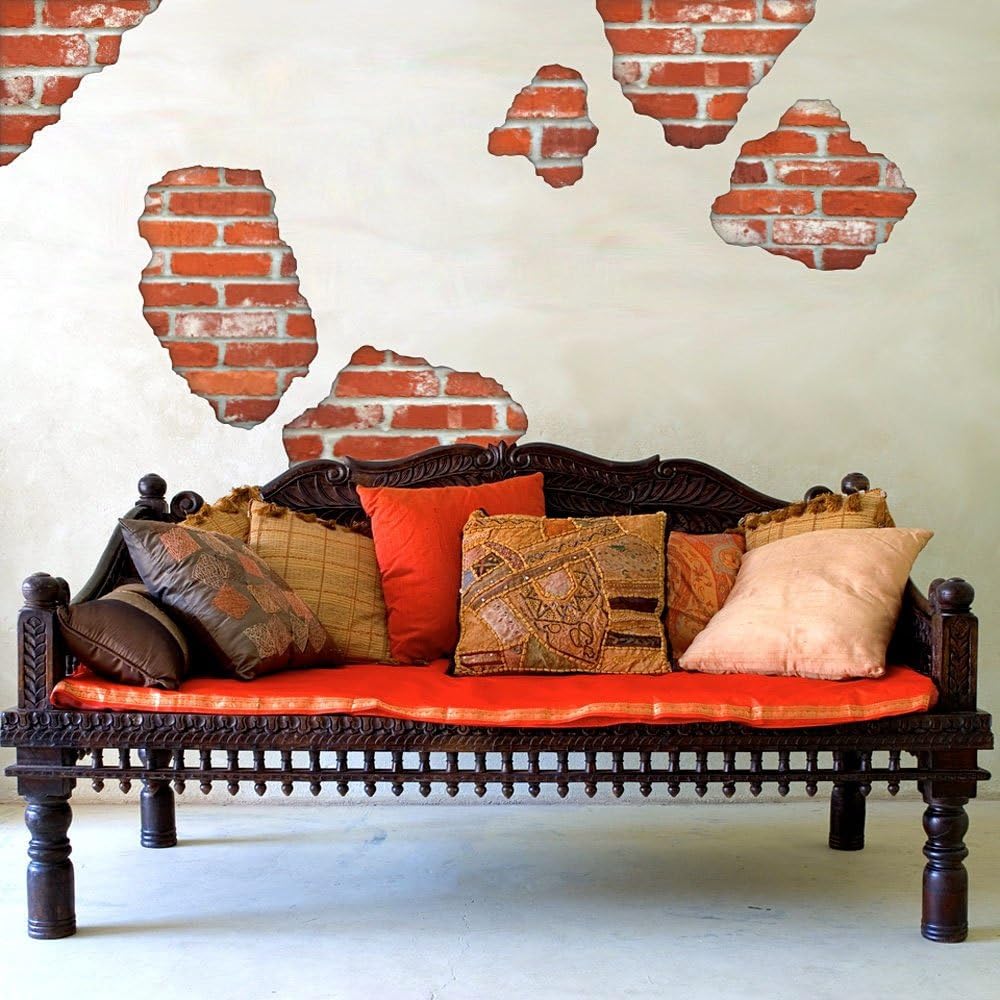 Faux Brick Wall Decals, Repositionable Peel and Stick Matte Fabric, 6 Pieces, Red Brick, Country Rustic Style, Brick Pattern, Waterproof, Reusable, Wall Decor Stickers