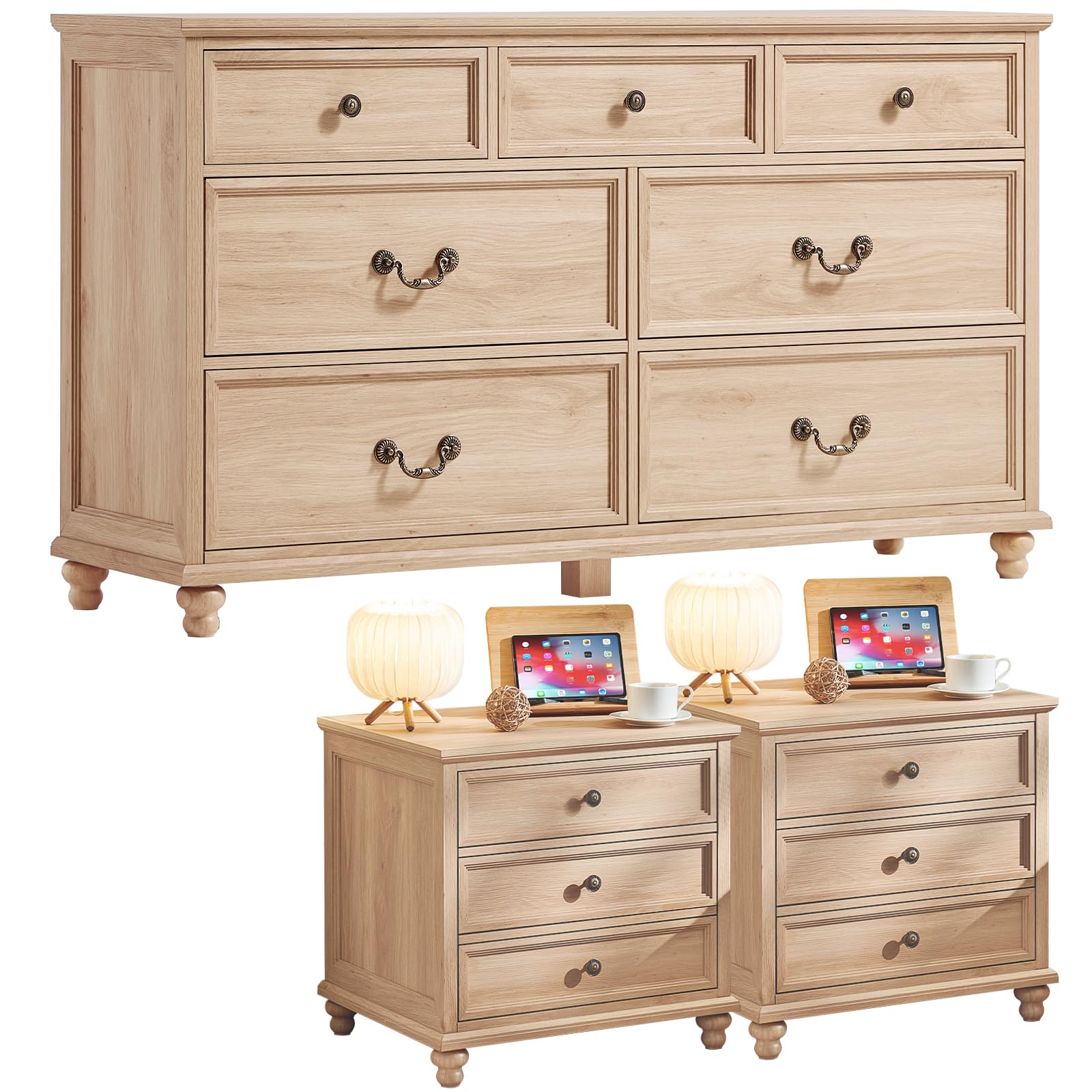 Joaxswe Natural Farmhouse 3-Piece Dresser and Nightstand Set