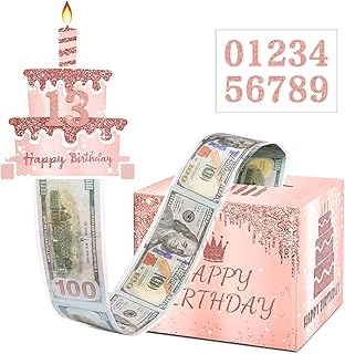 Birthday Money Pull Box for Cash Gift with DIY Self-Adhesive Stickers for Any Age, Happy Birthday Money Box for Cash Gift Pull Out Cake Card and 100Pcs Bags, Party Decor Ideas-Pink