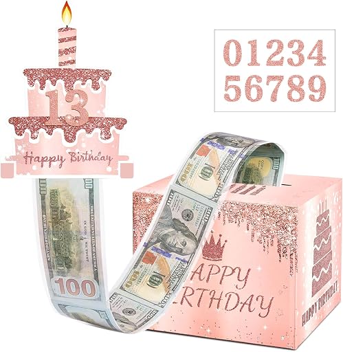 Birthday Money Pull Box for Cash Gift with DIY Self-Adhesive Stickers for Any Age, Happy Birthday Money Box for Cash Gift Pull Out Cake Card and 100Pcs Bags, Party Decor Ideas-Pink