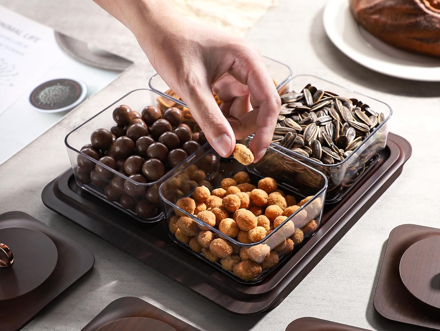 Serving Set: Plastic Imitated Wood Serving Tray & 4 Snack Boxes with Lid, Ideal for Home, Party & Birthday