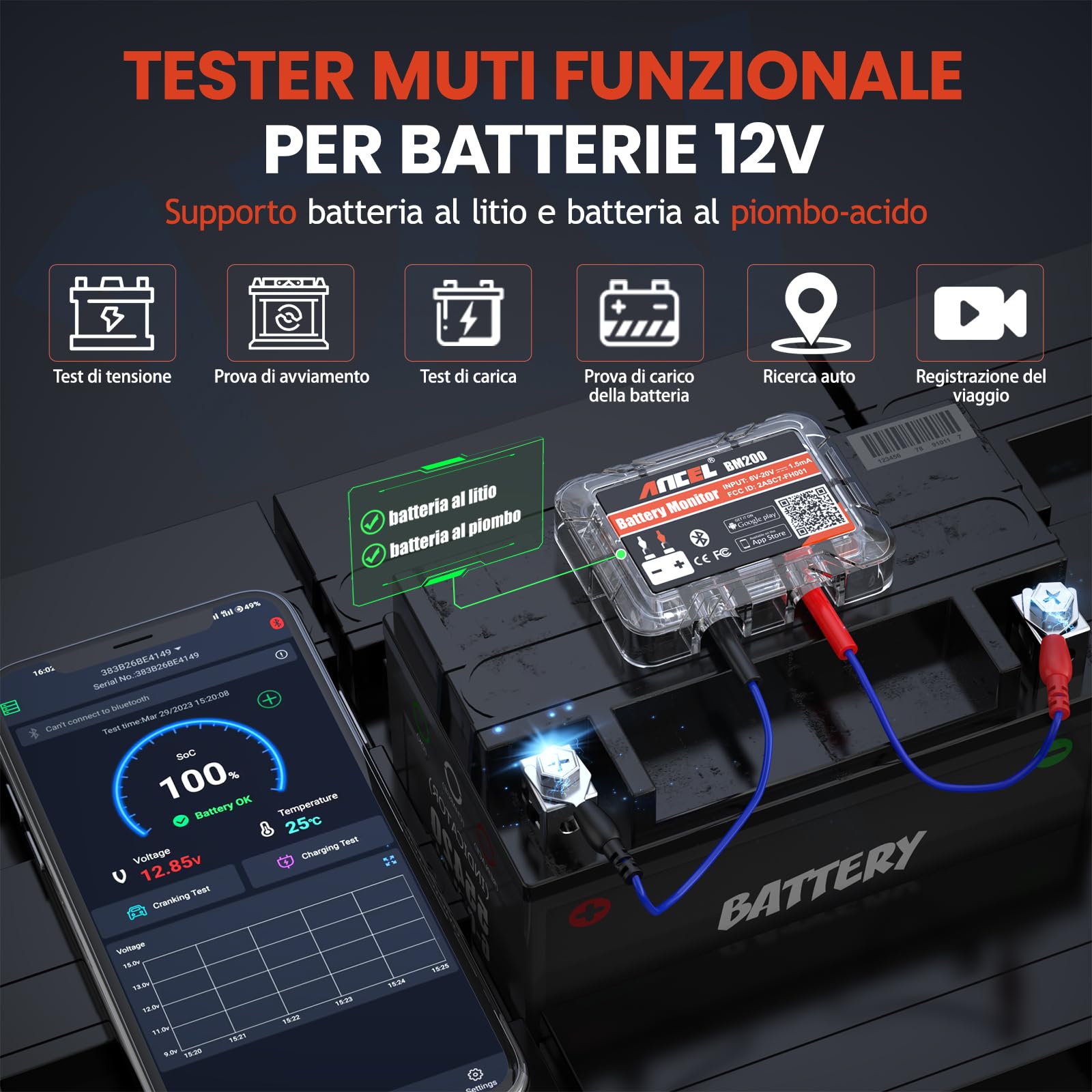 ANCEL BM200 Tester Batteria Auto 12V, Battery Monitor Bluetooth 4.2 Per batterie al litio e al piombo con allarme di prova di carica a manovella Registrazione dello storico della tensione