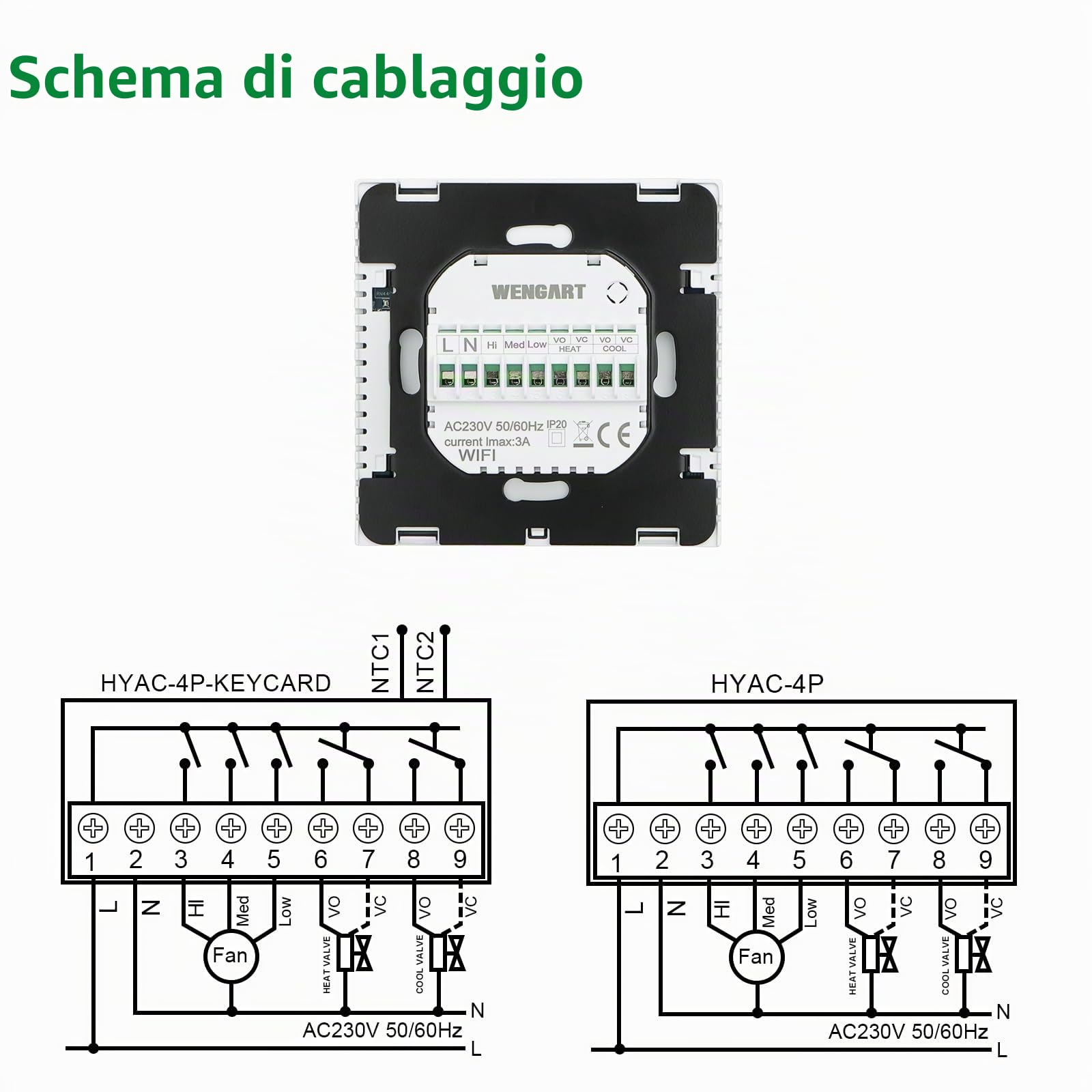 Wengart Termostato Fan Coil WiFi WG607AC, AC230V Max3A 2.4GHz Wi-Fi APP TUYA Quattro Tubi per Aria Condizionata, Compatibile con Alexa Echo/Google Home, Bianco