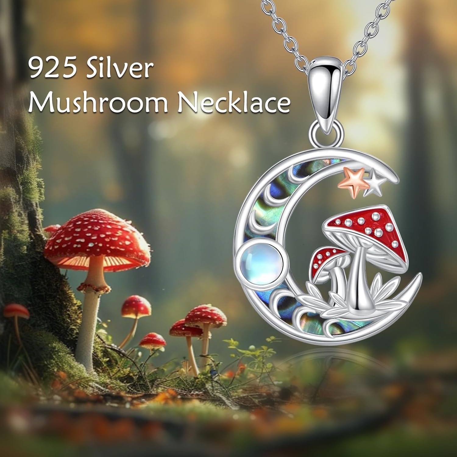 Mushroom Necklace 925 Sterling Silver Moonstone Abalone Shell Moon Phase Pendant Necklace Jewelry for Women - Image 6
