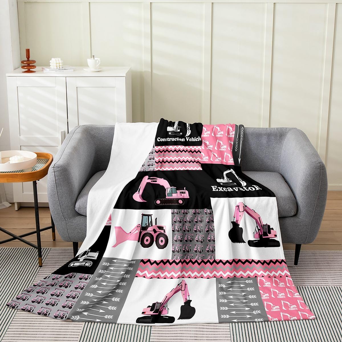 Feelyou Pink Excavator Flannel Fleece Throw Blanket,Construction Vehicles Bed Blanket Equipment Trucks Fuzzy Blanket for Bed Sofa Couch,Bedroom Decor Cartoon Car Plush Blanket Queen 90"x90"