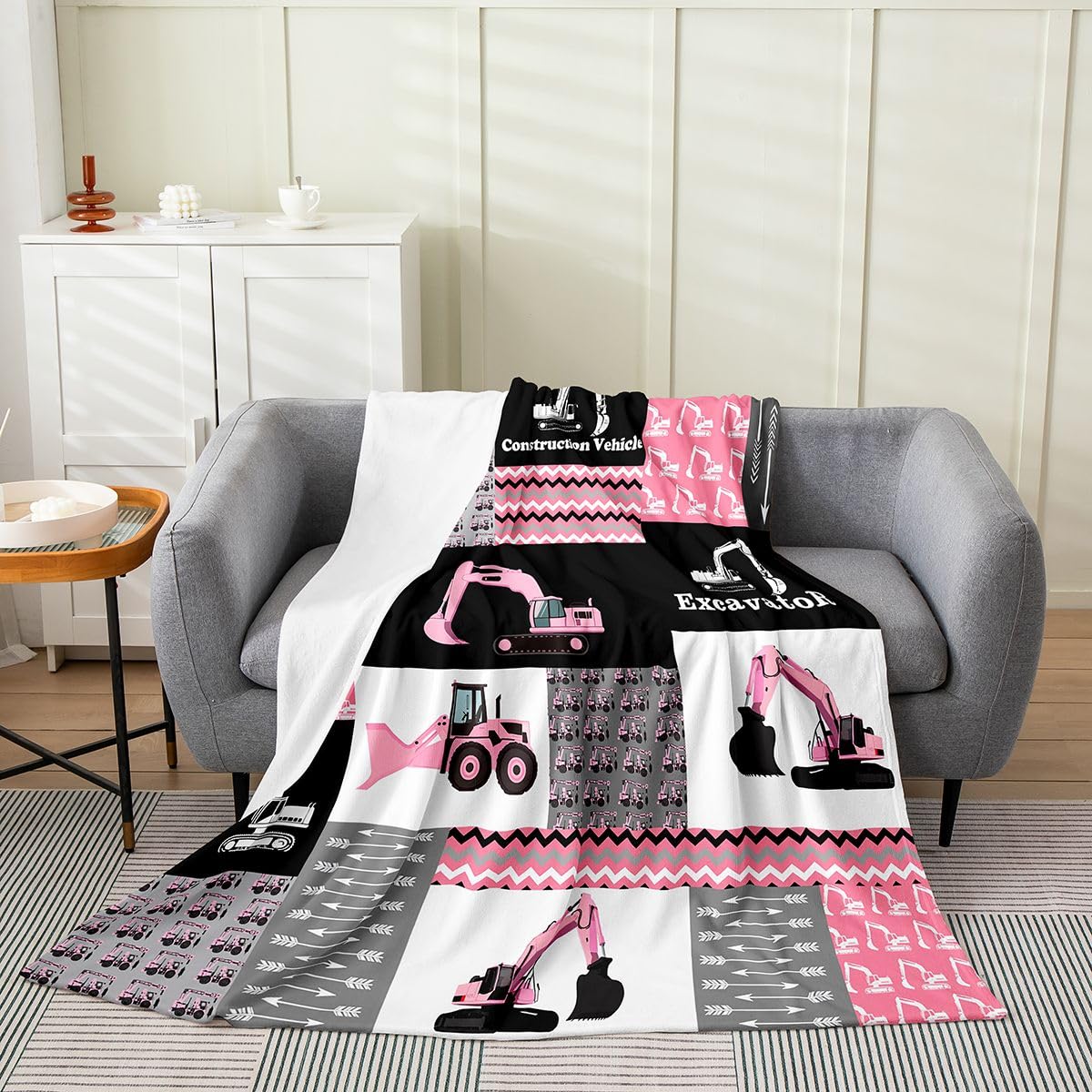 Feelyou Pink Excavator Flannel Fleece Throw Blanket,Construction Vehicles Bed Blanket Equipment Trucks Fuzzy Blanket for Bed Sofa Couch,Bedroom Decor
