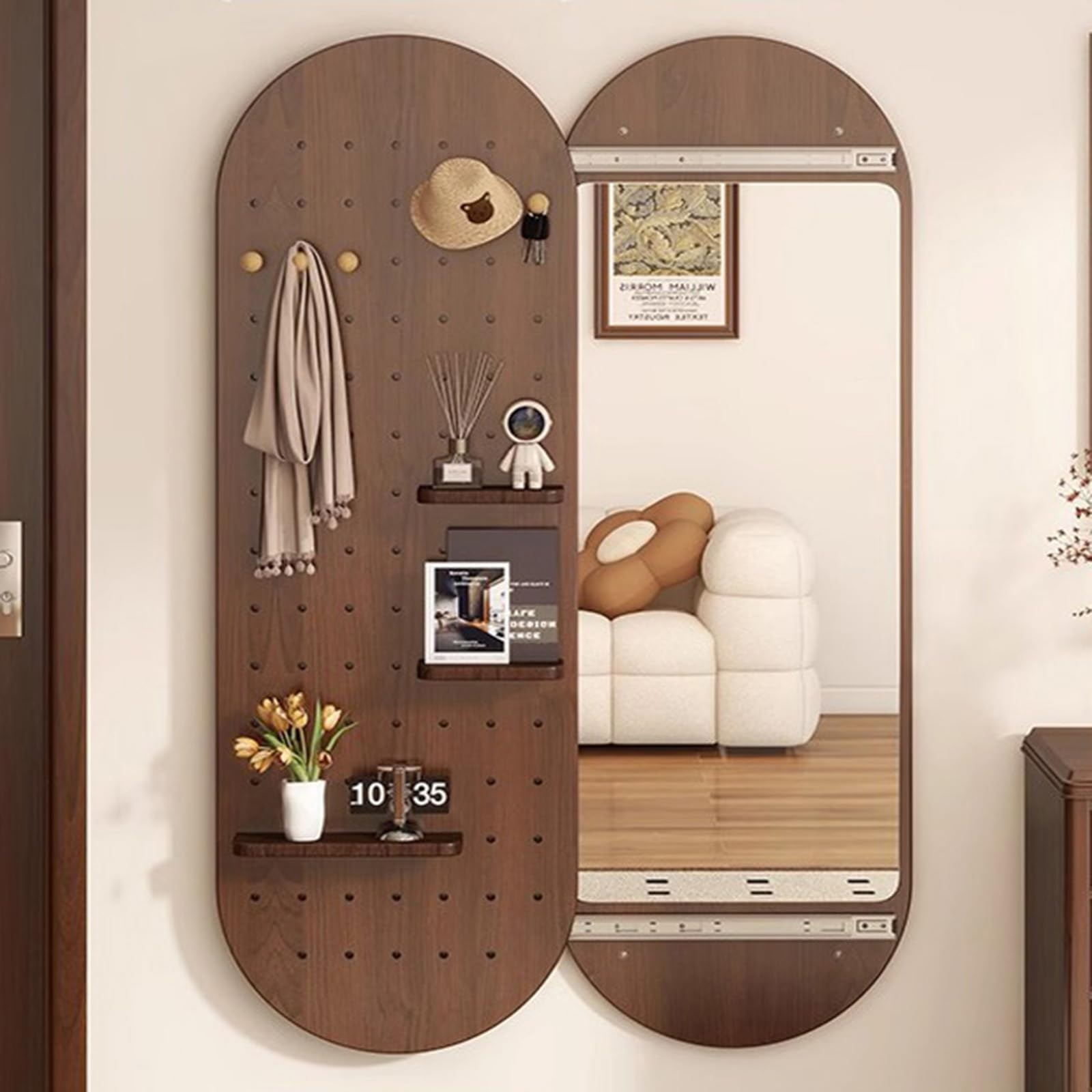 Miroir pleine longueur escamotable en bois massif avec panneau perforé pour l'entrée