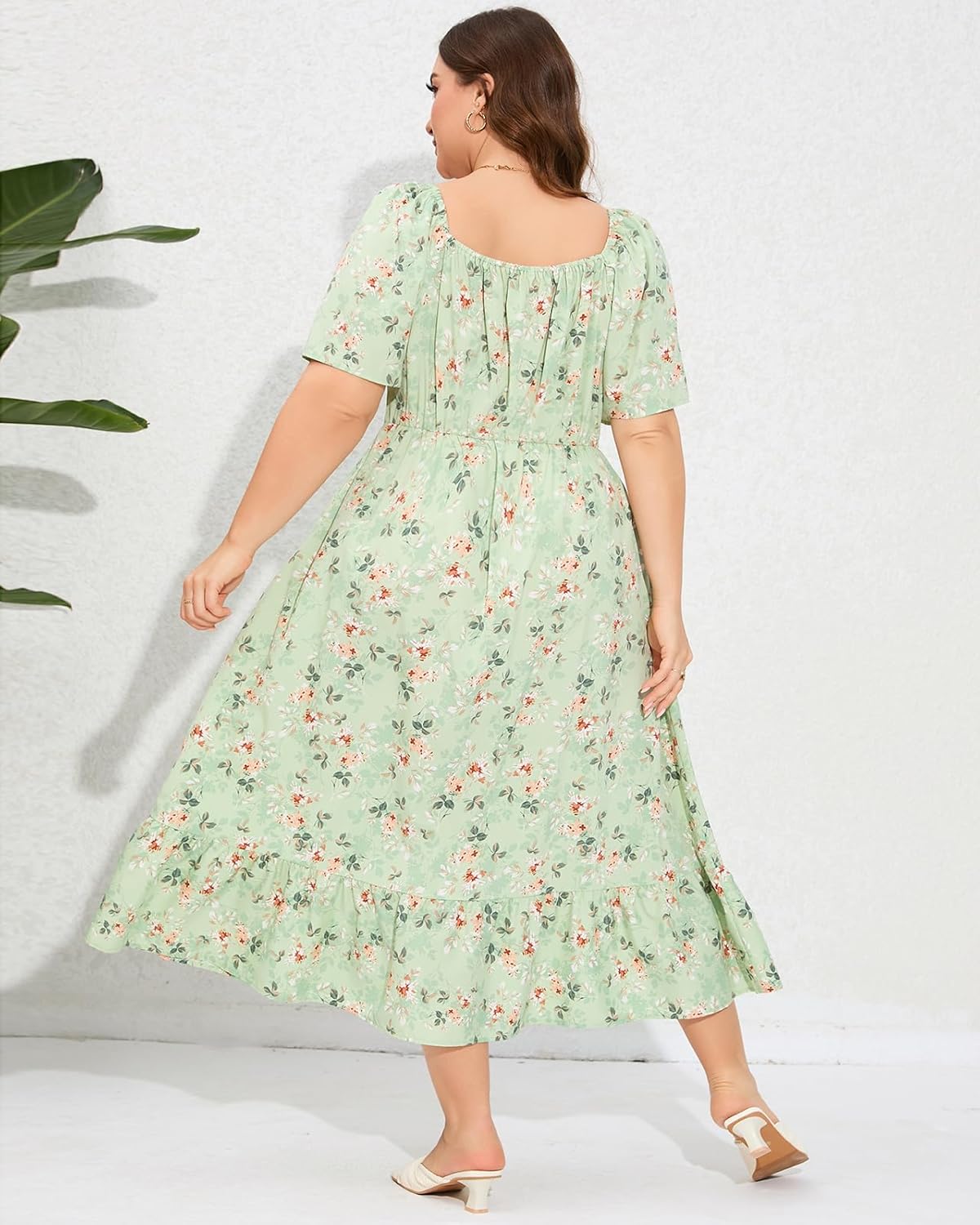 ShopWonder Womens Plus Size Square Neck Floral Print Summer Dress Ruffle Short Sleeve Tie Front Slit Hem Boho Maxi Dress - Image 6