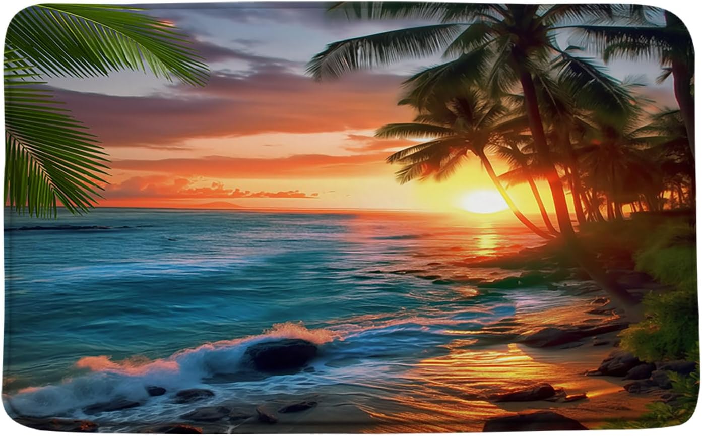 Ocean Sunset Bath Mat Tropical Palm Tree Sea Waves Sunset Sunrise Nature Scenery Landscape 24"x60" Microfiber Memory Foam Bathroom Kitchen Toilet Floor Decor Mat