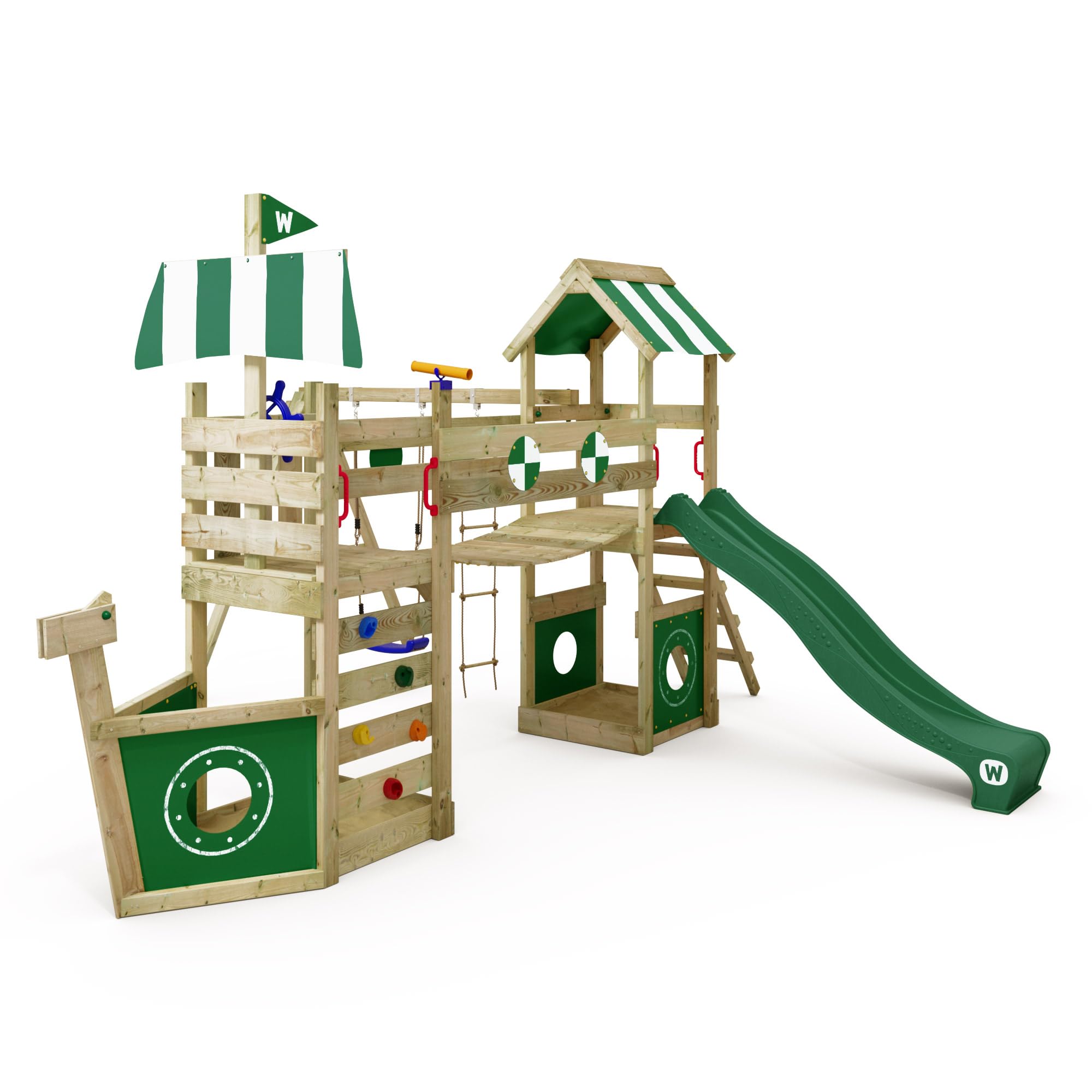 WICKEY Wooden climbing frame StormFlyer with swing set & green slide, Outdoor kids playhouse with sandpit, climbing ladder & play-accessories for the garden