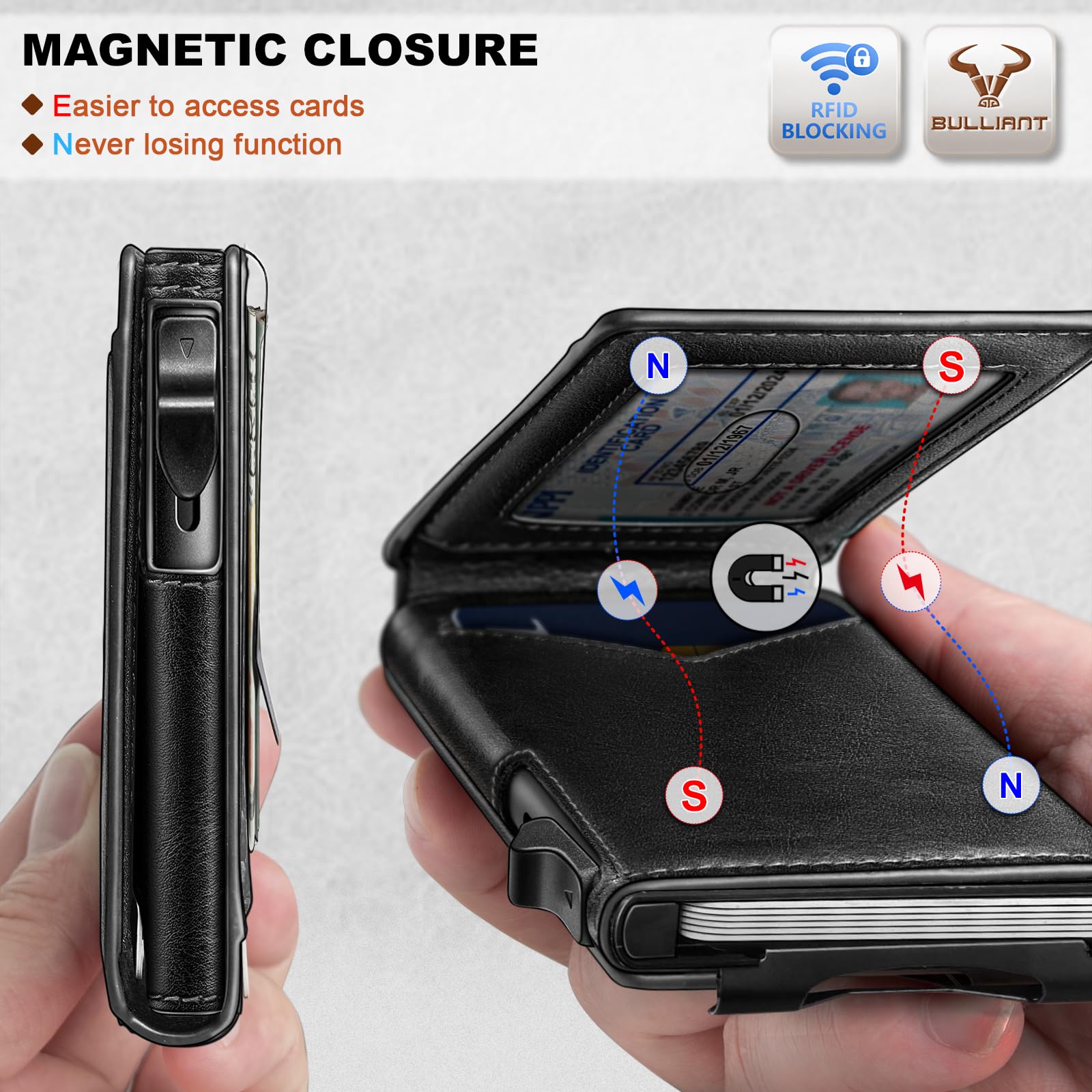 BULLIANT Men Wallet,Money Clip Wallet Slim For Gift Men 9Cards-Metal Credit Card Case in Magnetic Leather Flip