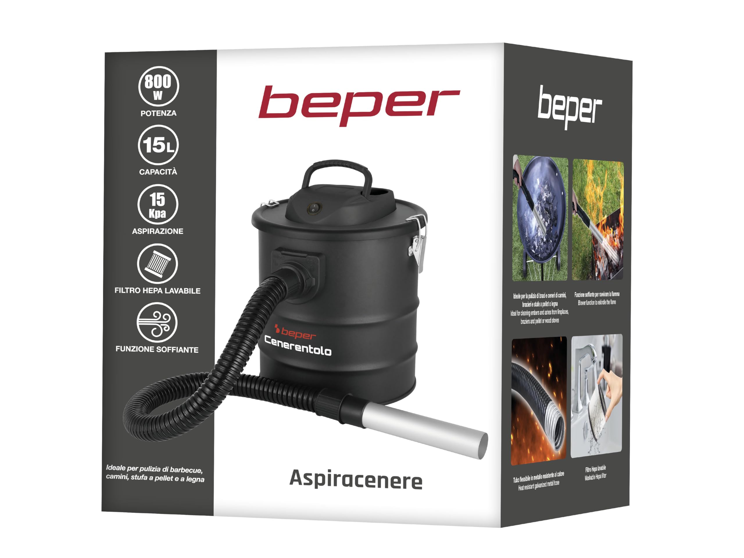 BEPER P202ASP250 Aspirador de Cenizas Profesional 800W, Depósito de 15L, Filtro Hepa, Función de Soplado, Depósito de Aspiración de Cenizas, Aspirador Ideal para Trabajo Diario o Industrial, Negro