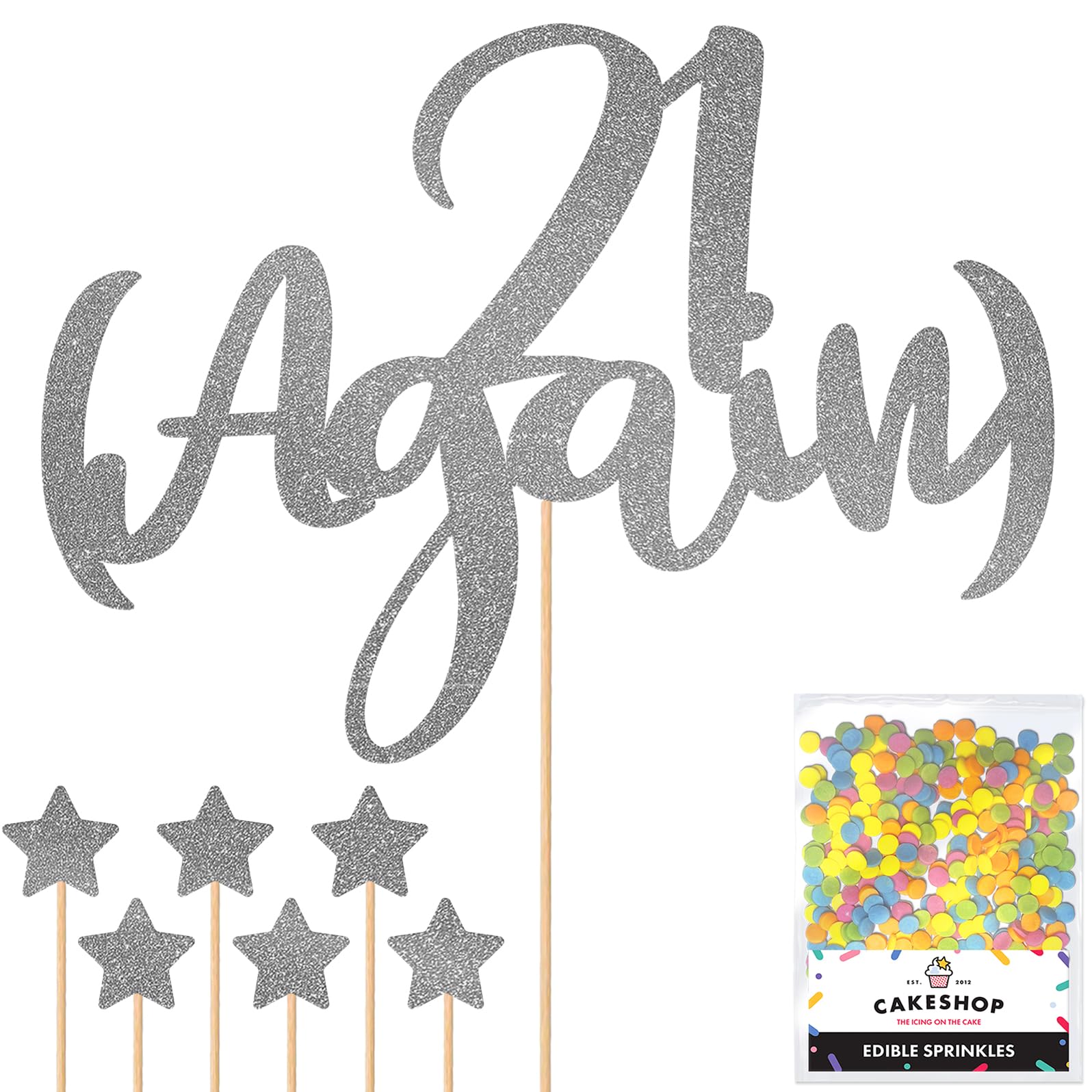 Personalised Funny Old Joke 21 Again Glitter Cake Topper - Dark Silver Any Age Glitter Cake Decoration and Sprinkles - Happy Birthday Decorations - Personalised Toppers for Cakes by Cakeshop