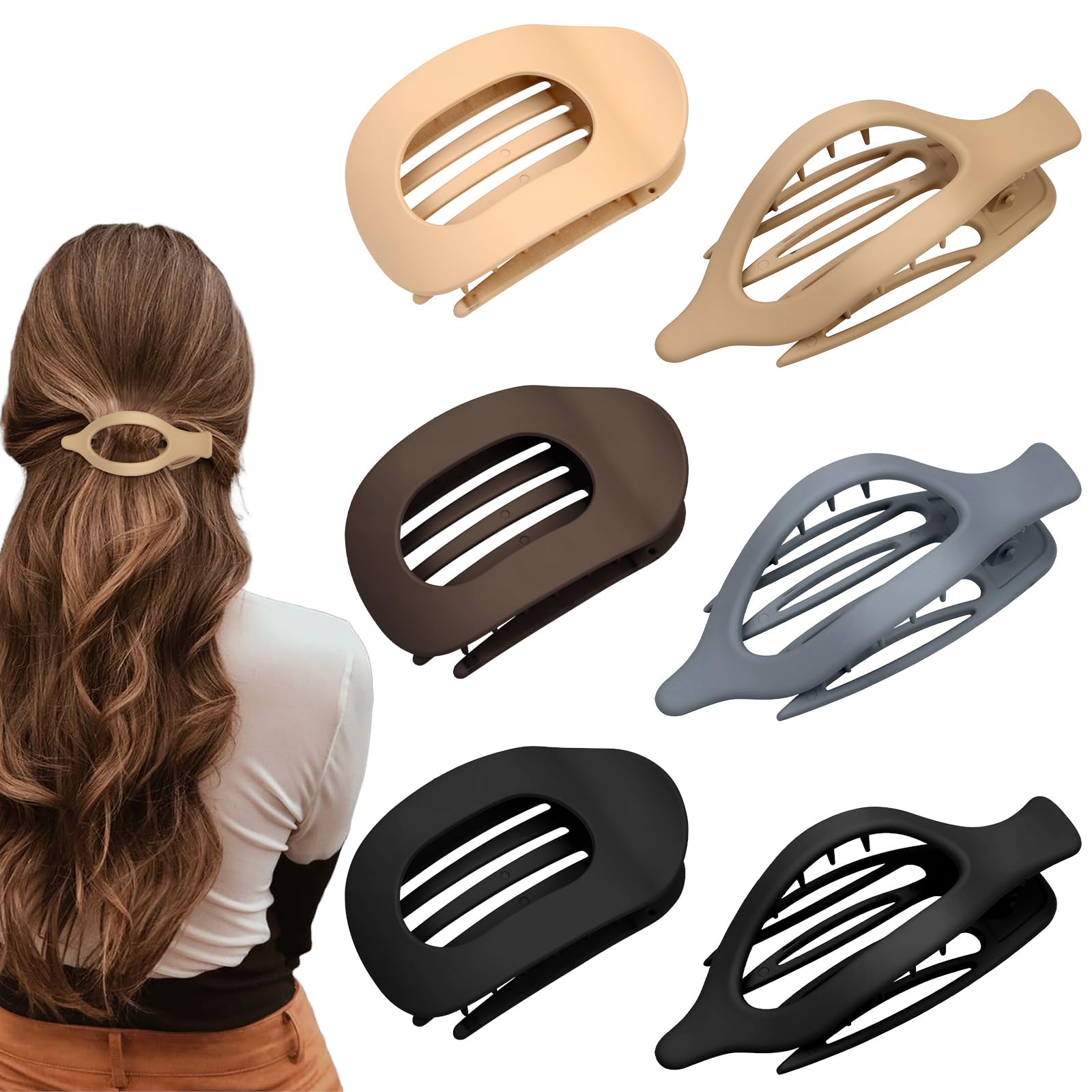 6Pcs Flat Hair Claw Clips for Women Strong Hold Non-slip Matte Hair Claw Clips for Thick/Thin Hair