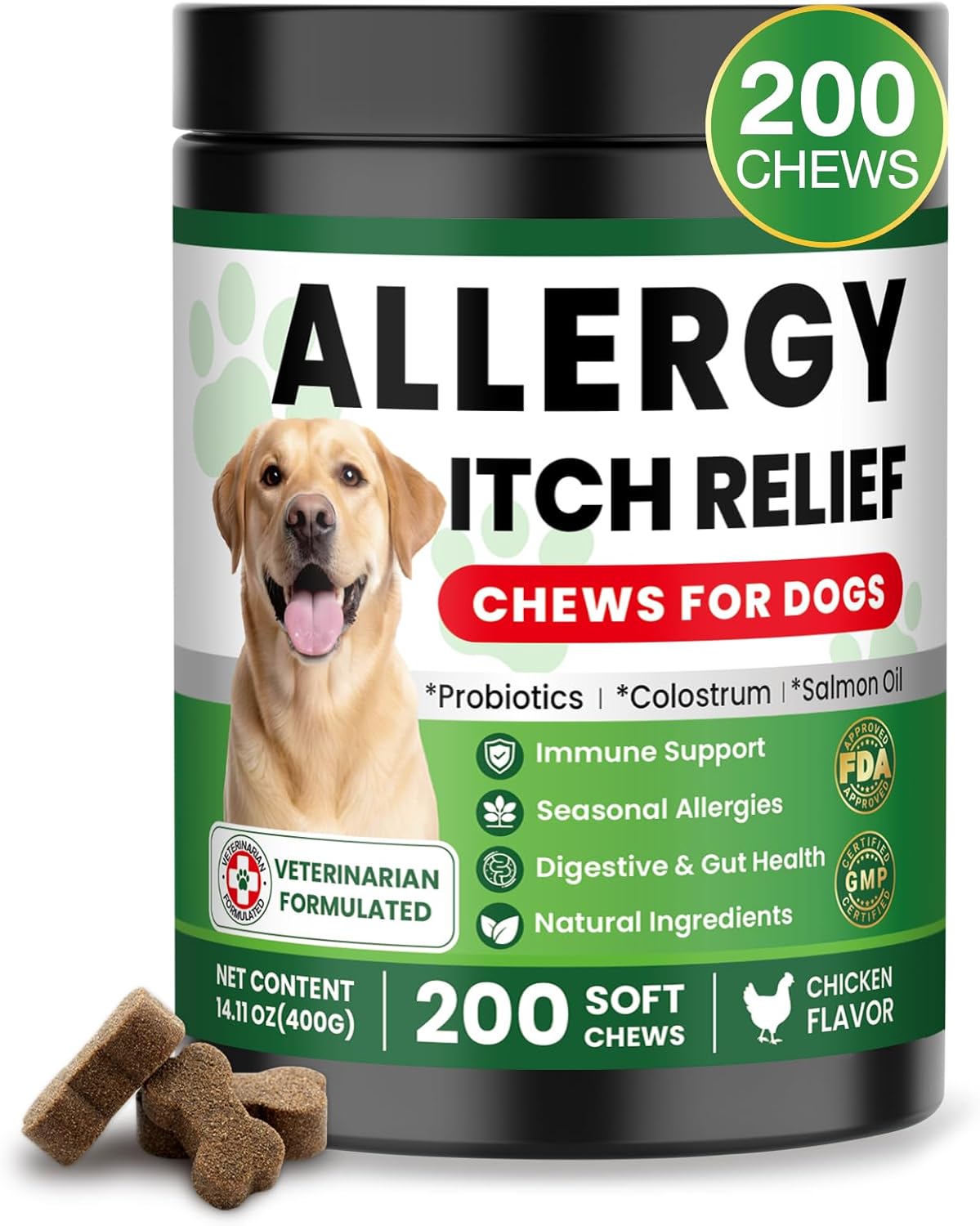 Dog Allergy Relief Chews, Supplement with Probiotics Vitamins, Itchy Skin Relief to Support Seasonal Allergy and Healthy Immune System, Skin and Coat Allergies,Itching & Paw Licking, 200 Soft Treats