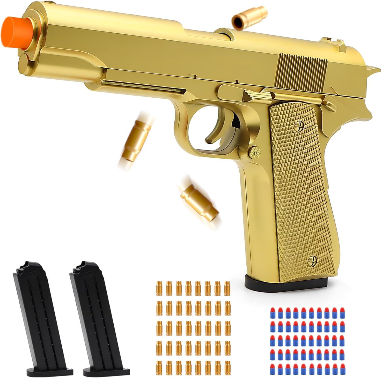 Gold Soft Bullet Toy Gun Shell Ejecting for Age 8, 9, 10, 11, 12+ Years Old Boys, Realistic Toy Pistol with 2 Clips, 50 Foam Bullets & 40 Shells, Ideal Christmas Birthday Gift for Kids Adults