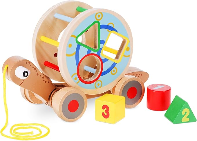 Navaris Juguete de arrastre de madera - Caracol con 4x rueda y 3x bloque de construcción para niña niños y bebés +18 meses - Juguetes montessori