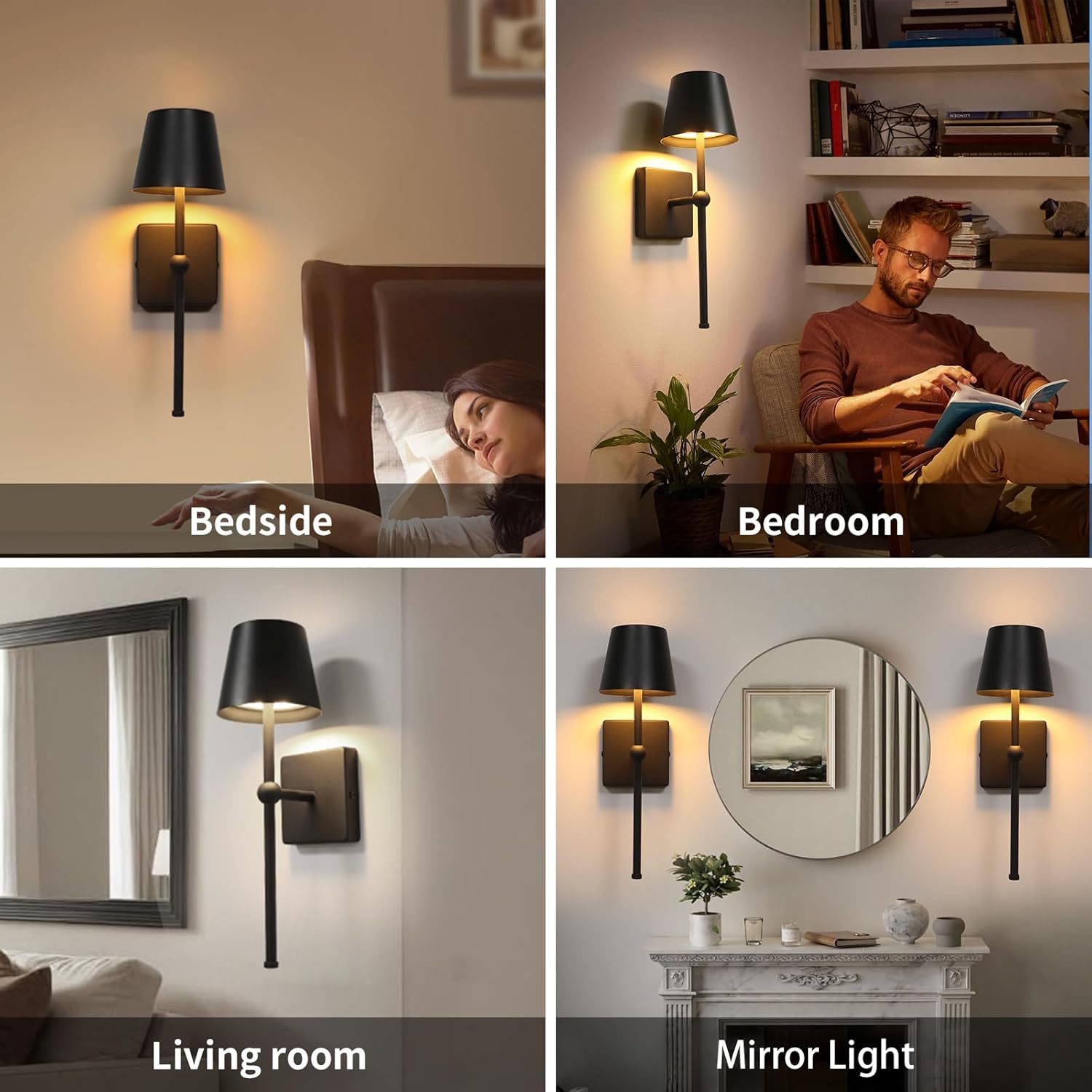 Battery Operated Wall Sconce Rechargeable Wireless Cordless Wall lamp Decor Set of Two Black for Bedroom Living Room Bedside
