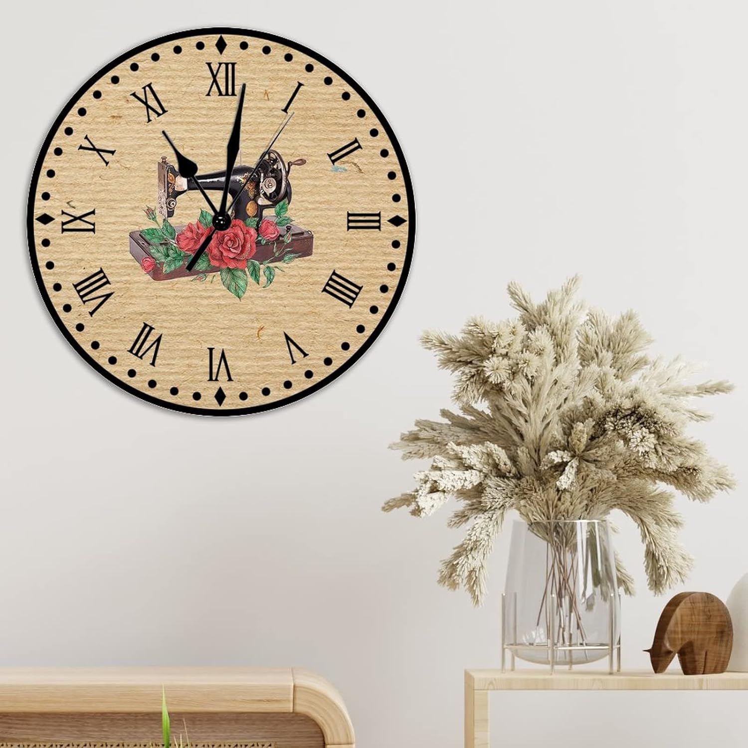 Rose Flower Sewing Machine Clock Battery Operated Quartz Silent Clocks Home Decor Sewing Room Wall Clocks Craft Room Decor Clocks Country Tuscan Style 12inch Round Clock for Dinning Living Room