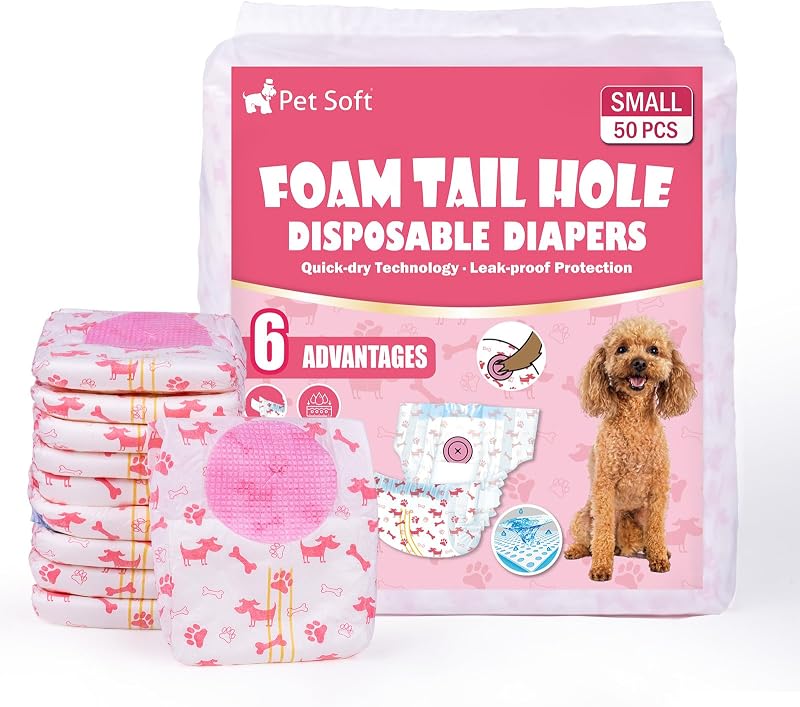 Pañales desechables para perros – Pañales para perros hembra con orificio de cola de espuma ajustable, ultra protección para cachorros y gatos, indicador de humedad para perros en celo o incontinencia, 50 unidades (S, rojo)