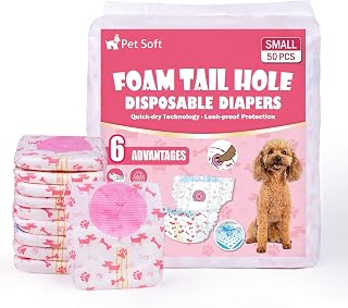 Pañales desechables para perros – Pañales para perros hembra con orificio de cola de espuma ajustable, ultra protección para cachorros y gatos, indicador de humedad para perros en celo o incontinencia, 50 unidades (S, rojo)