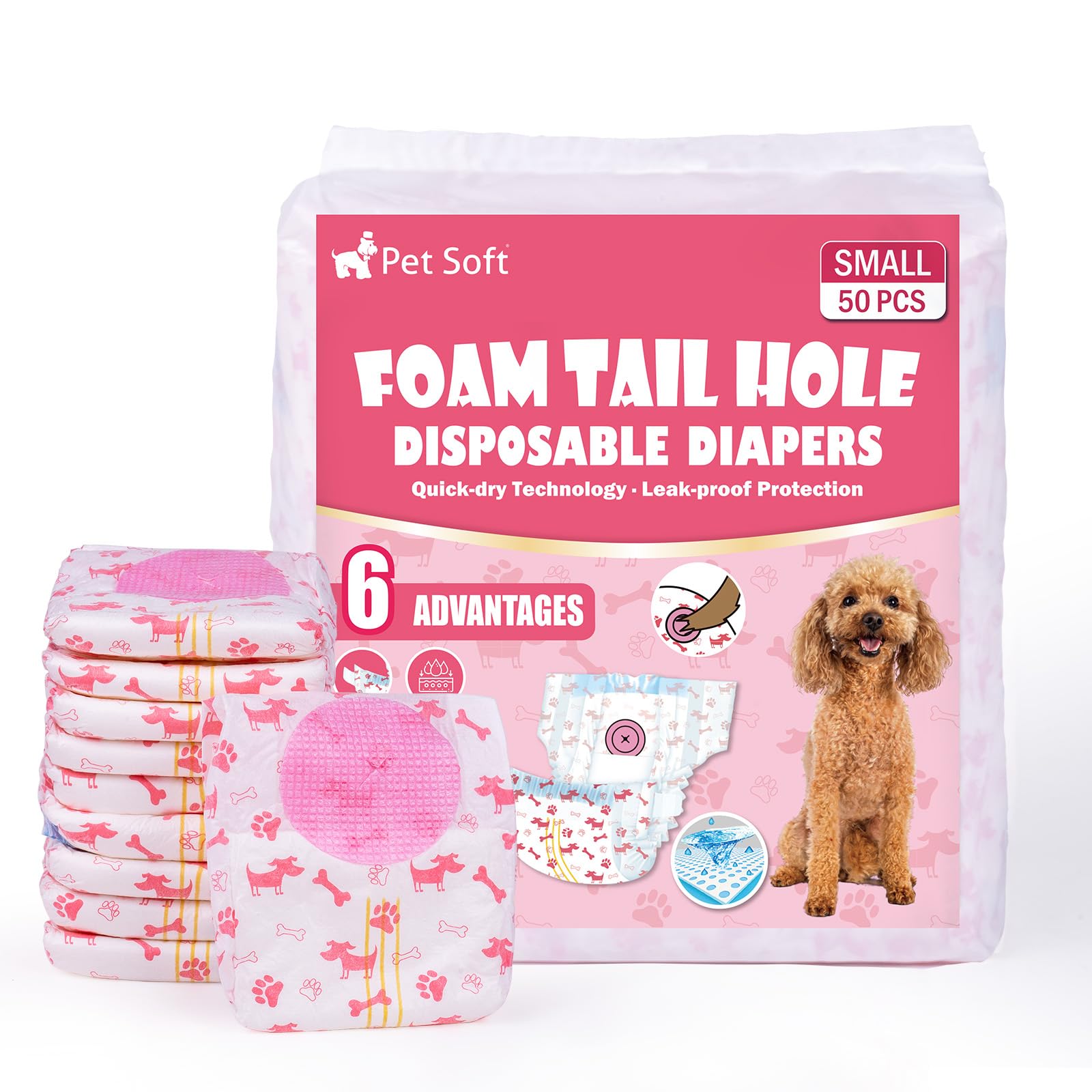 Pet Soft Disposable Dog Diapers - Female Dog Diapers with Adjustable Foam Tail Hole, Ultra Protection Puppy & Cat Diapers Wetness Indicator for Dogs in Heat or Incontinence, 50pcs (S,Red)