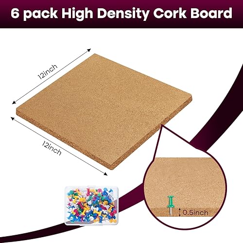 Miniatura 2 de Paquete de 6 tableros de corcho, 12 x 12 pulgadas, 12 pulgadas, tableros de corchos autoadhesivos para pared, escuela, hogar, oficina con 100