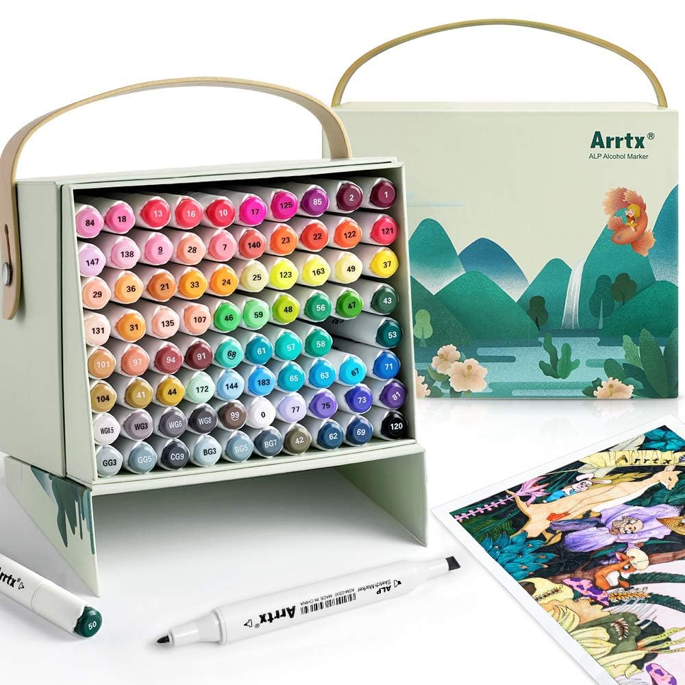 Arrtx ALP Marcador con 80 colores, marcadores de graffiti de doble punta con caja de transporte para dibujos, dibujos, bocetos, arquitectura, anime, caligrafía e ilustración
