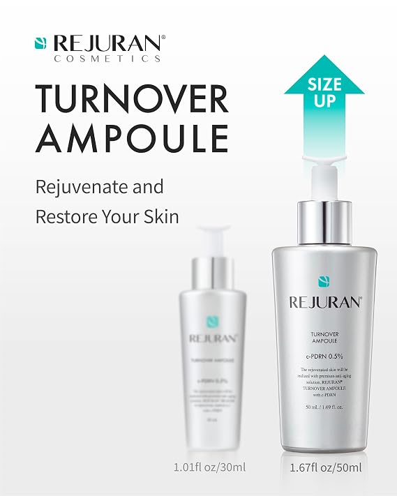 REJURAN Turnover Skincare Set with c-PDRN Salmon DNA Face Serum & Sheet Mask Duo for Firming, Hydrating, and Radiant Glass Skin Korean Anti-Aging Ampoule & Mask (1.69 fl oz + 5 Masks)