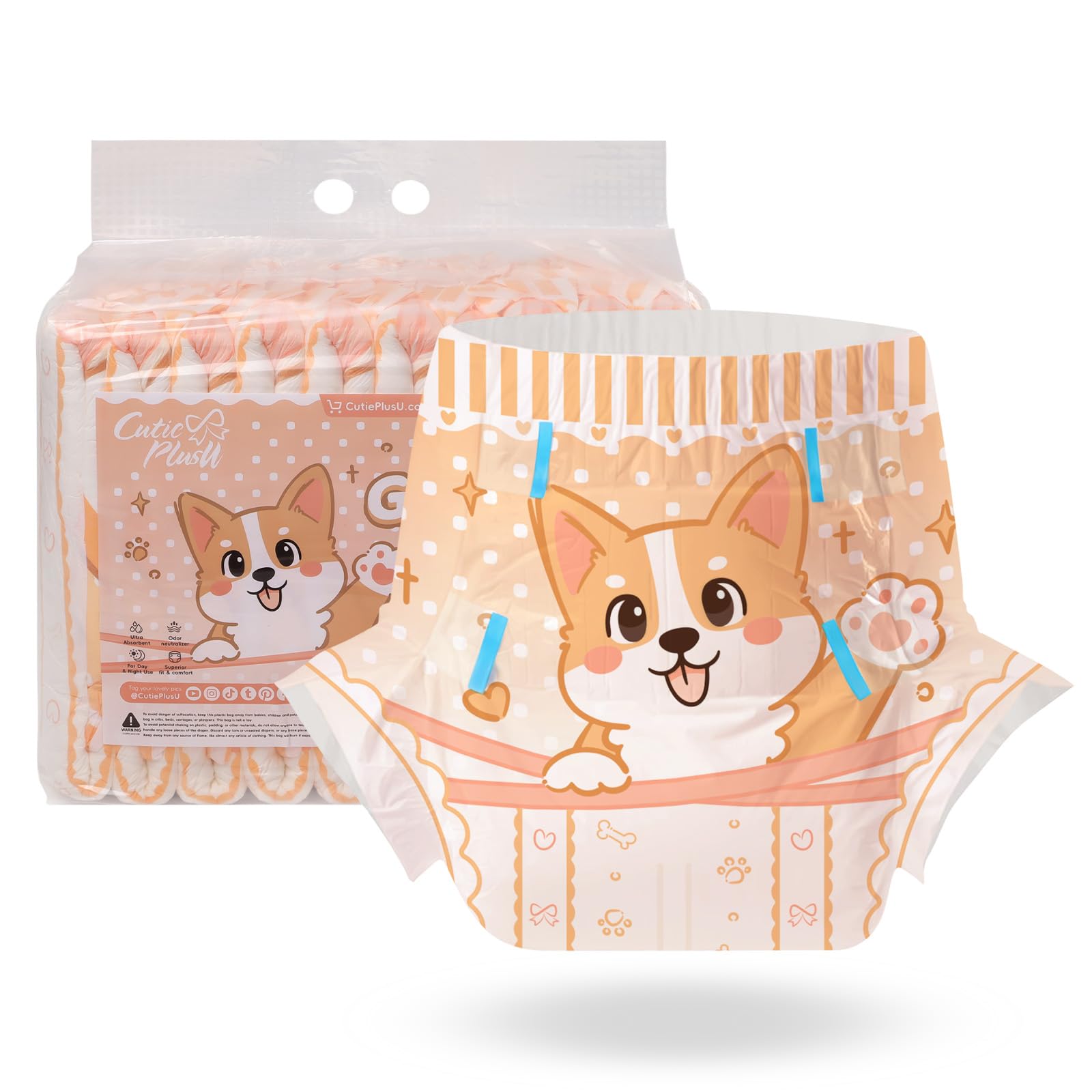 CutiePlusU Jednorazowe pieluchy dla dorosłych, 10 sztuk, majtki chłonne z klapkami dla mężczyzn i kobiet, wysoka chłonność, idealne na noc – Uroczy motyw Corgi (Rozmiar L 37"-47")