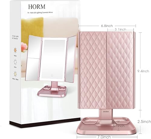 Miniatura 7 de Espejo de maquillaje triple con luces 3 modos de iluminación de color 72 luces LED aumento de 1x2x3x diseño de control táctil espejo portátil de
