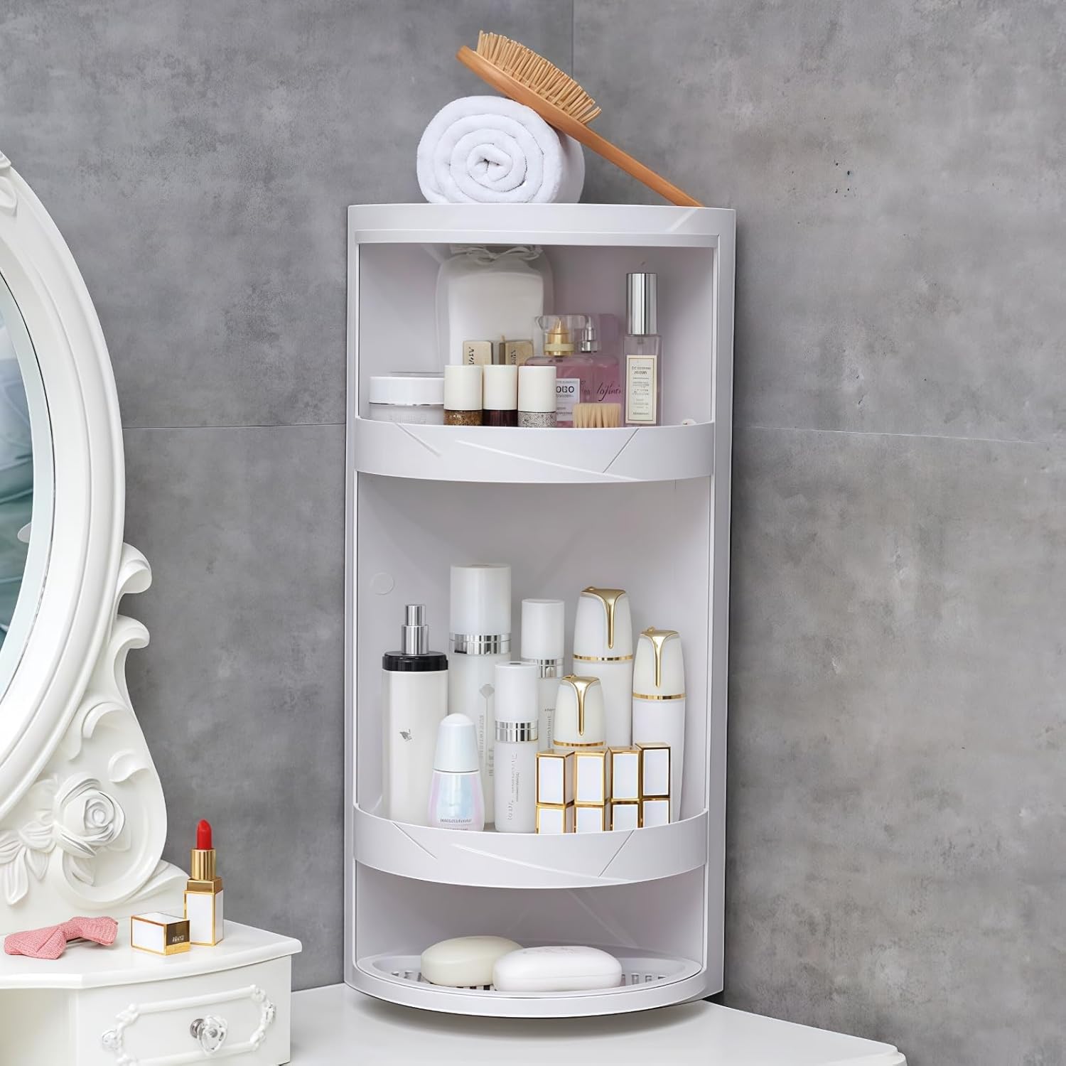 360° Rotating Bathroom Corner Shelf 3 Tier Standing Corner Bathroom Cabinet Rotating Kitchen Storage Rack with Drainage Tray Small Corner Shelf for Bathrm & Kitchen, Tabletop/Wall-Mounted