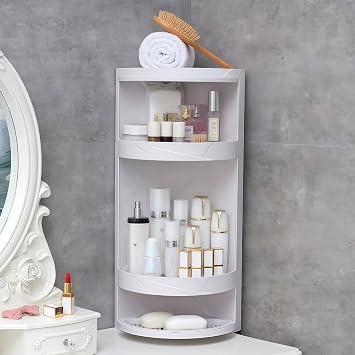 360 Rotating Bathroom Corner Shelf 3 Tier Standing Corner Bathroom Cabinet Rotating Kitchen Storage Rack with Drainage Tray Small Corner Shelf for Bathrm & Kitchen, Tabletop/Wall-Mounted