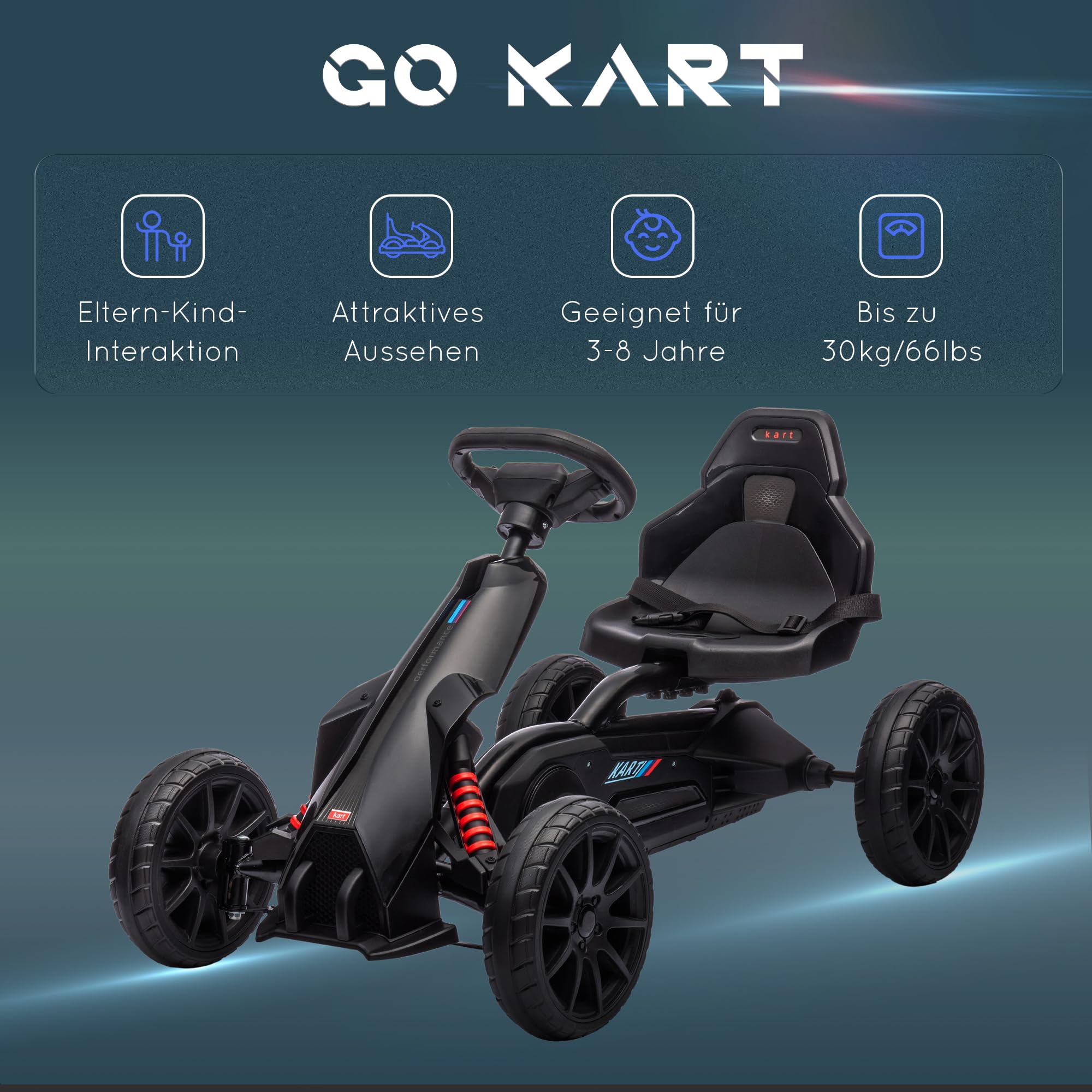 HOMCOM Gokart Tretauto mit Handbremse, verstellbarem Sitz, Vor- und Rückwärtsgang, Tretfahrzeug Kinderspielzeug für Kinder 3-8 Jahren Schwarz