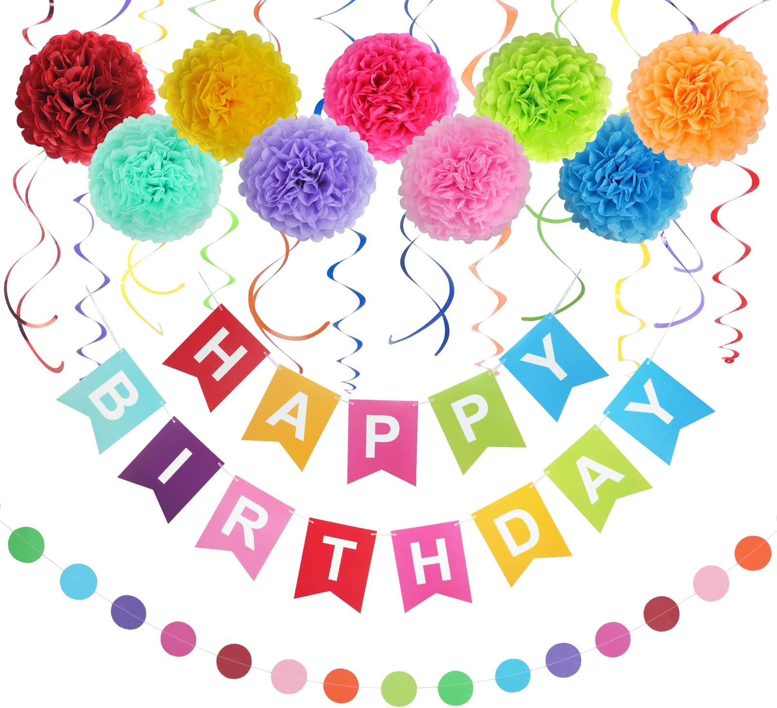 Colorful Birthday Decorations - Pack of 23 | Happy Birthday Banner, Tissue Paper, Swirls, Garland | Happy Birthday Decorations | Birthday Decorations for Women | Birthday Party Decorations