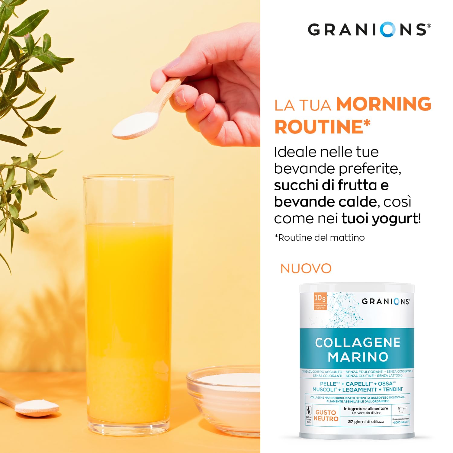 GRANIONS Collagene Marino Idrolizzato Tipo I in Polvere | 10 g al Giorno | Vitamina C Naturale da Acerola | Pelle, Capelli, Ossa, Muscoli | Gusto Neutro | 278 g | 27 Giorni