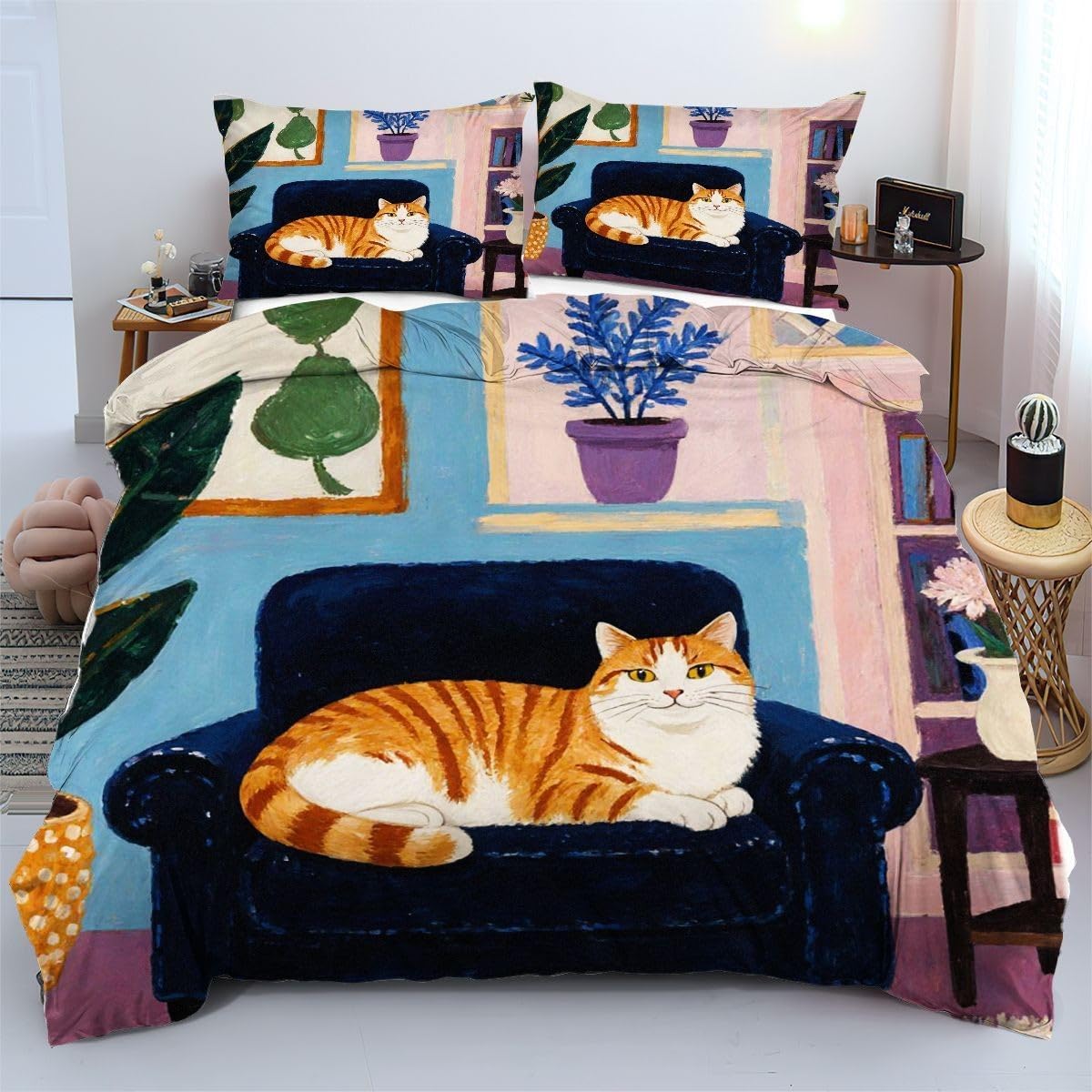 Housse de couette 240x260 cm chat microfibre légère et sobre