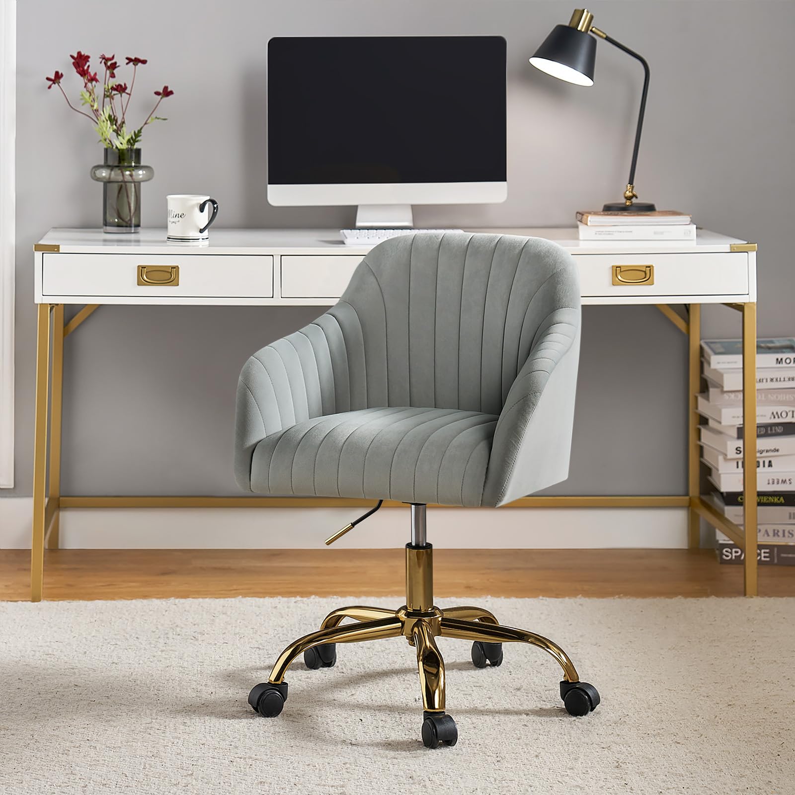HULALA HOME Chaise de Bureau en Velours, Chaise Coiffeuse Ergonomique, Fauteuil de Bureau à Dossier Bas Réglable, Fauteuil Coiffeuse Roulette Doré, Bureau, Chambre, Gris