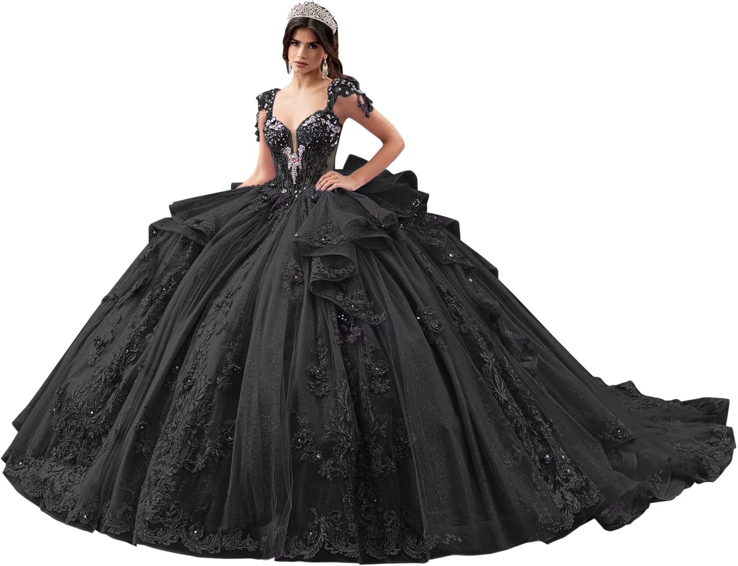 Lace Appliques Quinceanera Dresses Glitter Beaded Ball Gown Sparkly Puffy Tulle Quince Dresses with Removable Straps