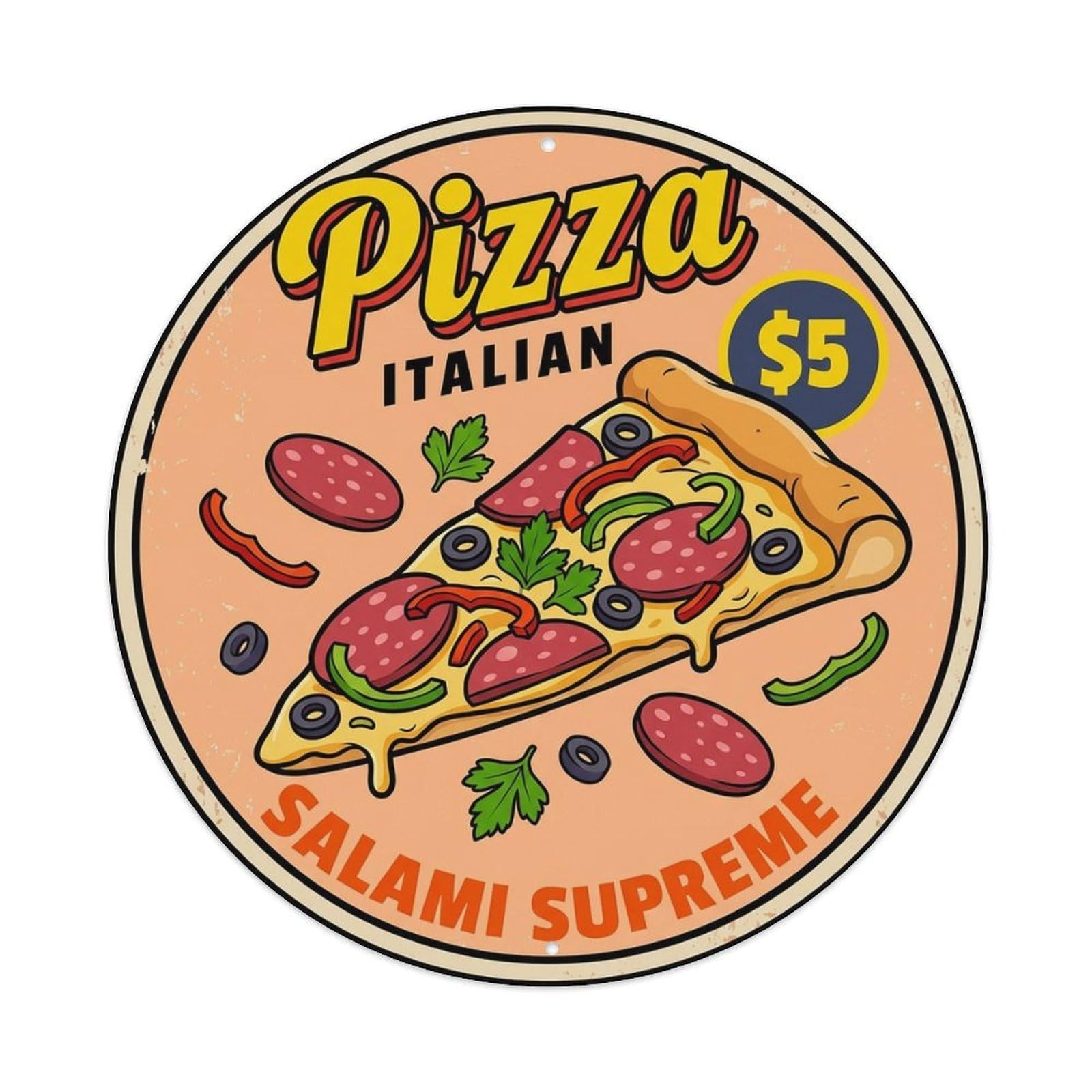 Cwbufd Vintage Style Vintage Pizza Slice Italian Traditional Cuisine Salami Vintage Metal Tin Sign Plaque Wall Decor For Cafe, Club Bar, Office, Garden Metal Poster 8X8inch