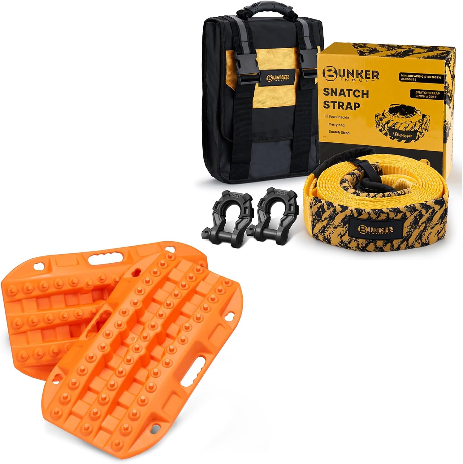 BUNKER INDUST 2 Pcs Short Recovery Track Traction Mats + 3" x 20ft Recovery Straps + Pair 3/4 D Ring Shackles + Bag 35,000 lbs Tree Saver Winch Strap